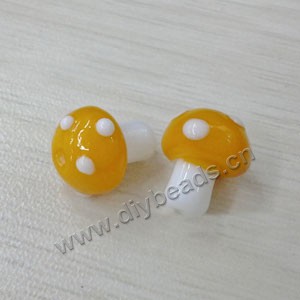 Bead, lampworked glass, yellow and white, 10x12mm mushroom with spots. Sold per pkg of 20 beads.