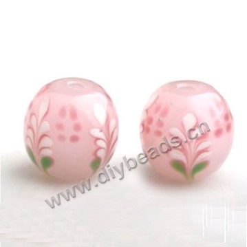 Bead,Japan lampworked glass,pink with flower, 14x14mm round.mini order 100pc 