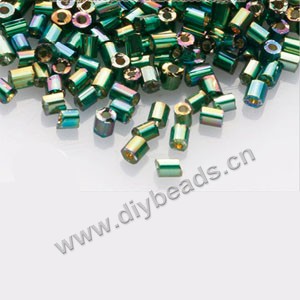 Bugle bead,taiwan, glass, silver-lined and rainbow ,green ,#1 (2x2mm)hex beads. Sold per pkg of 500 grams,approximately 40,000ps 