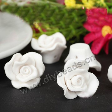 Bead, polymer clay,White roses,20x10mm. Sold per pkg of 10.