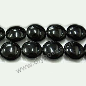 Bead, black agate (dyed), 16mm puffed flat round. Sold per 16-inch strand