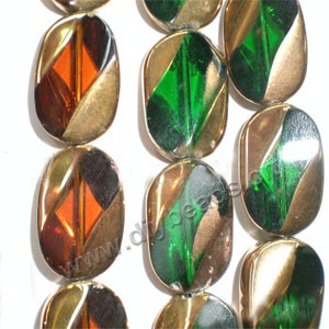 Bead, copper-plated glass, red/green, 19x13mm flat oval. Sold per pkg of ten 14-inch strand.