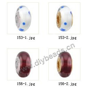 Bead,big-hole beads ,lampworked glass with silver-finished brass grommets,mixed colors and designs,6x12mm-8x14mm rondelle ,4mm spiral hole,sold per pkg of 4ps