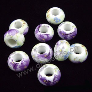 Bead, decal porcelain, white and purple, 15x10mm rondelle with flower,5-6mm hole. Sold per pkg of 12.