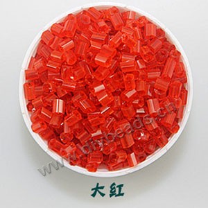 Bugle bead, glass,transparent crystal,red ,#1(2x2mm) beads. Sold per pkg of 80 grams,approximately 4,500ps.