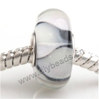 Bead, big-hole beads,Lampworked glass and silver-plated brass grommet,white ,14x7mm rondelle with 4.5 mm hole,sold per pkg of 50ps