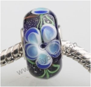 Bead, big-hole beads,Lampworked glass and 925 sterling silver grommet,black with flower, 14x7mm rondelle with 4.5 mm hole,sold per pkg of 50ps