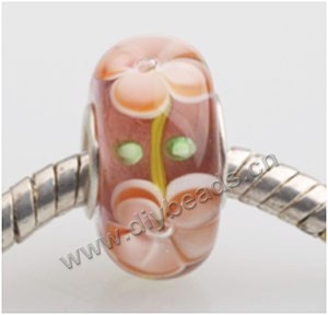 Bead, big-hole beads,Lampworked glass and 925 sterling silver grommet,coffee with flower, 14x7mm rondelle with 4.5 mm hole,sold per pkg of 50ps