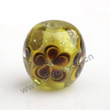 Bead,Japan lampworked glass,yellow with flower, 14x14mm round.mini order 100pc 