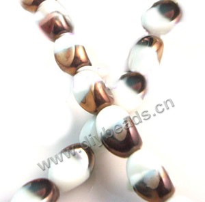 Bead ,copper-plated glass, opaque white, 13x10mm twisted oval. Sold per pkg of ten 30cm strand.