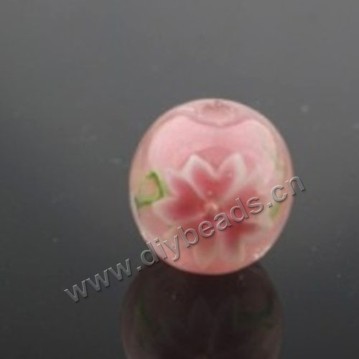 Bead, lampworked glass ,pink with flower, 14x14mm round.mini order 50pc 