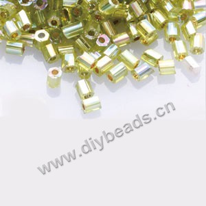 Bugle bead,taiwan, glass, silver-lined and rainbow light green ,#1(2x2mm) hex beads. Sold per pkg of 500 grams,approximately 40,000ps 