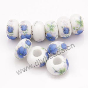 Bead, decal porcelain, white and blue/green, 9x15mm rondelle with flower,5mm hole. Sold per pkg of 10.