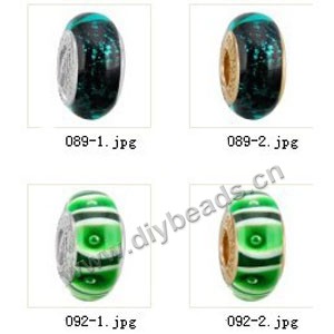 Bead,big-hole beads ,lampworked glass with silver-finished brass grommets,mixed colors and designs,6x12mm-8x14mm rondelle ,4mm spiral hole,sold per pkg of 10ps
