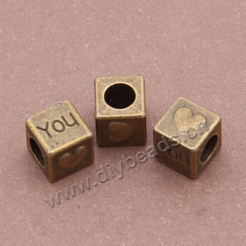 Bead, big-hole beads,zinc alloy, bronze, 7*7mm, 4mm hole. Sold per pkg of 5 bags-50pcs/bag.