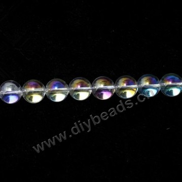 Bead,clear quartz crystal (natural), coated AB ,14mm round . Sold per 16-inch strand