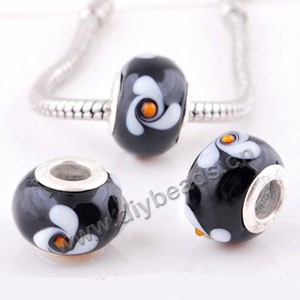 Bead,big-hole beads ,lampworked glass with silver-finished brass ,opaque black/white/yellow,10x14mm rondelle with flower,5mm hole,sold per pkg of 10ps