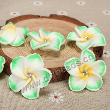 Bead, polymer clay,green with rhinestone ,30x10mm flower. Sold per pkg of 20.
