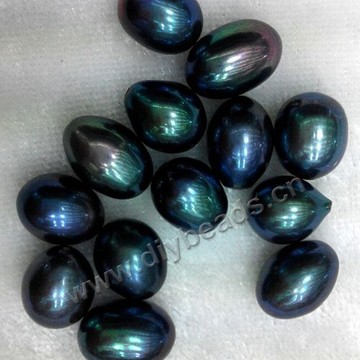 Pearl,cultured freshwater,half hole,peacock green,9-10mm rice, AAAgrade. Sold per pkg of 10pcs