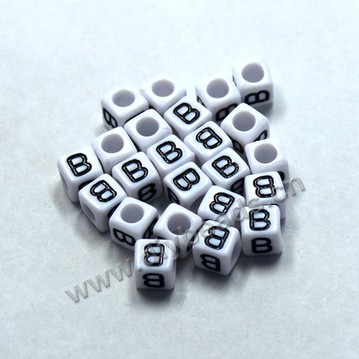 Bead, acrylic,White,alphabet is B, 6x6mm cube with 3.5mm drill hole. Sold per pkg of 100ps