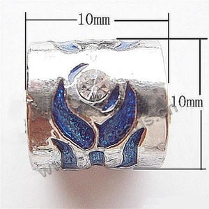 Bead, big-hole beads,silver-plated pewter and enameled , blue, 10x10mm round tube with flower and rhinestone, 6mm hole. Sold per pkg of 10ps