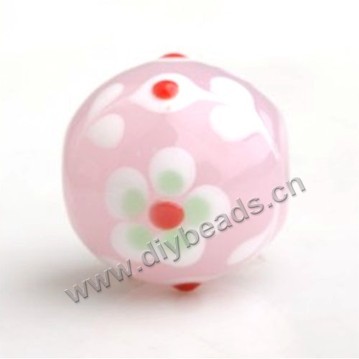 Bead,Japan lampworked glass,pink with bright flower, 16x16mm round.mini order 100pc 