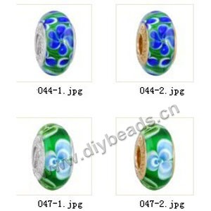 Bead,big-hole beads ,lampworked glass with silver-finished brass grommets,mixed colors and designs,6x12mm-8x14mm rondelle ,4mm spiral hole,sold per pkg of 10ps