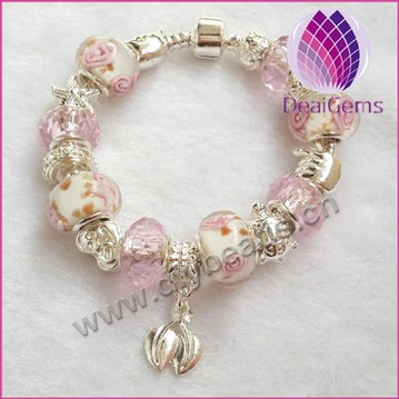 Bracelet,alloy and glass,white,large hole beads,Sold per package of 1 piece