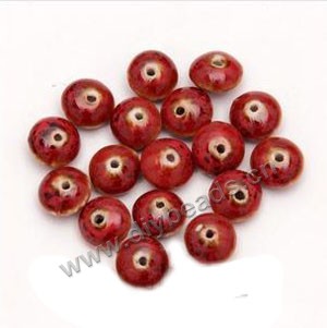 Bead, fancy glaze porcelain, red, 12x5mm saucer. Sold per pkg of 30 beads 