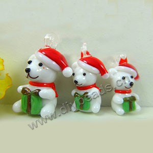 Charm, lampworked glass, red/white,orange/white,blue/white,green/white,4 colors to option, 29x15mm, bear with hat and scarf. Sold per pkg of 200.