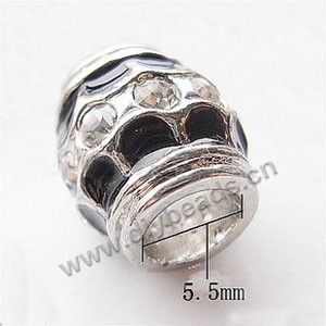 Bead, big-hole beads,silver-plated pewter and enameled , black, 10x6.5mm drum with rhinestone, 5.5mm hole. Sold per pkg of 10ps