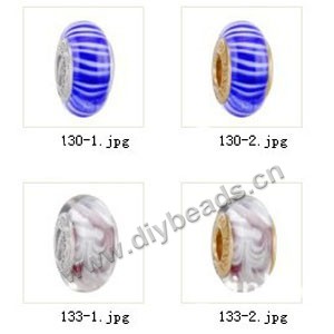 Bead,big-hole beads ,lampworked glass with silver-finished brass grommets,mixed colors and designs,6x12mm-8x14mm rondelle ,4mm spiral hole,sold per pkg of 10ps