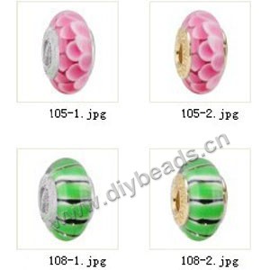 Bead,big-hole beads ,lampworked glass with silver-finished brass grommets,mixed colors and designs,6x12mm-8x14mm rondelle ,4mm spiral hole,sold per pkg of 10ps