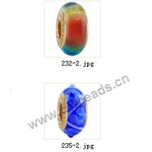 Bead,big-hole beads ,lampworked glass with brass grommets,mixed colors and designs,6x12mm-8x14mm rondelle ,4mm spiral hole,sold per pkg of 10ps