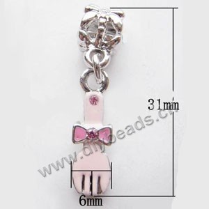 Charm, big-hole beads, pewter and enameled , pink, 6x31mm folk with rhinestone , 5mm hole. Sold per pkg of 10ps