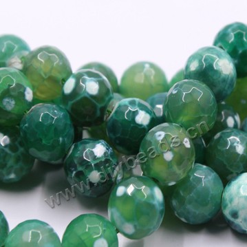 beads, fire agate, green color, 10mm faceted round, sold per five strands