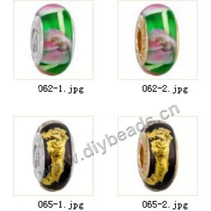 Bead,big-hole beads ,lampworked glass with silver-finished brass grommets,mixed colors and designs,6x12mm-8x14mm rondelle ,4mm spiral hole,sold per pkg of 10ps