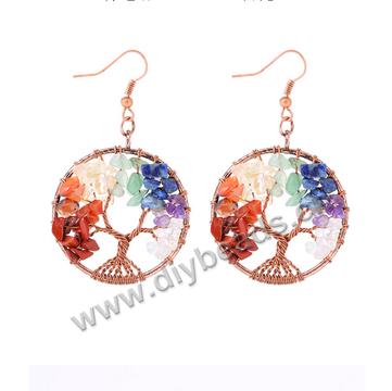 Factory Direct Copper Wire Winding Life Tree Round Natural Gemstone gravel Energy Stone Pendant earrings 