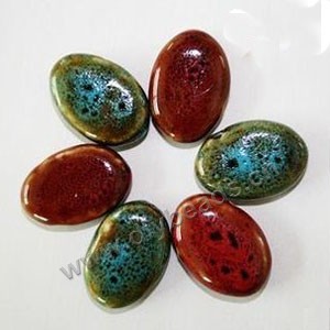 Bead , fancy glaze porcelain,blue/red, 31x22mm flat oval. Sold per pkg of 30 beads. 