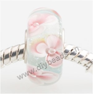 Bead, big-hole beads,Lampworked glass and 925 sterling silver grommet, Pink with flower, 14x7mm rondelle with 4.5 mm hole,sold per pkg of 50ps