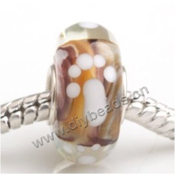 Bead, big-hole beads,Lampworked glass and 925 sterling silver grommet,mixed colors,14x7mm rondelle with 4.5 mm hole,sold per pkg of 50ps
