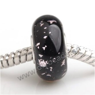 Bead, big-hole beads,Lampworked glass and 925 sterling silver grommet,black with silver foil, 14x7mm rondelle with 4.5 mm hole,sold per pkg of 50ps