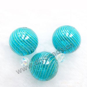 Bead, hand-blown glass, turquoise blue with white/yellow line, 20mm hollow round. Sold per pkg of 10