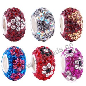 Bead, big-hole beads,clay rhinestone and silver-finshed brass grommet, multicolored, 6x12mm rondelle with 4 mm hole,sold 20ps