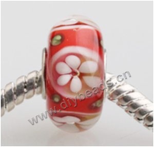 Bead, big-hole beads,	Lampworked glass and silver-plated brass grommet,red with flower, 14x7mm rondelle with 4.5 mm hole,sold per pkg of 50ps