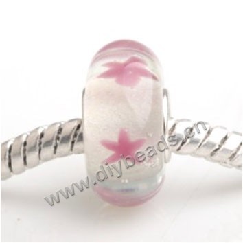 Bead, big-hole beads,Lampworked glass and silver-plated brass grommet,white with star,14x7mm rondelle with 4.5 mm hole,sold per pkg of 50ps