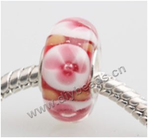 Bead, big-hole beads,Lampworked glass and silver-plated brass grommet,red with flower, 14x7mm rondelle with 4.5 mm hole,sold per pkg of 50ps