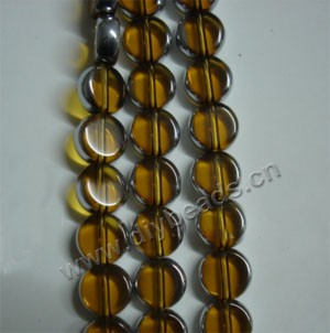 Bead ,silver-plated glass, amber, 10mm flat round. Sold per pkg of ten 32cm strand.