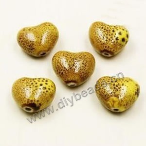 Bead, fancy glaze porcelain,yellow, 15x15mm heart. Sold per pkg of 30 beads 
