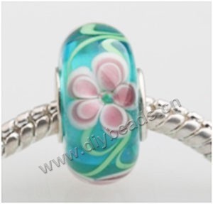 Bead, big-hole beads,Lampworked glass and silver-plated brass grommet,blue with flower, 14x7mm rondelle with 4.5 mm hole,sold per pkg of 50ps
